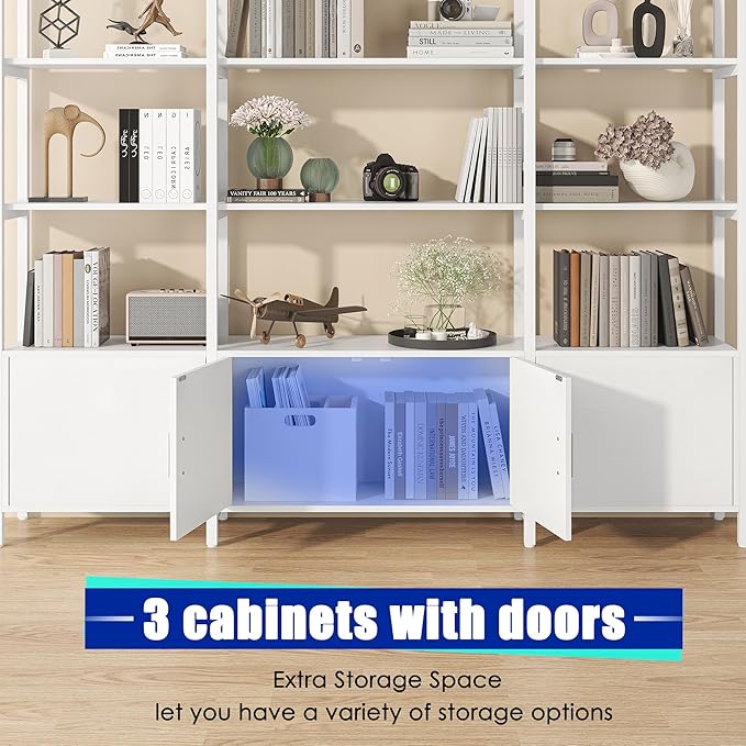 Triple Wide 5 Tier Tall Arched Bookshelf and Bookcase with 3 Cabinets, Indust...