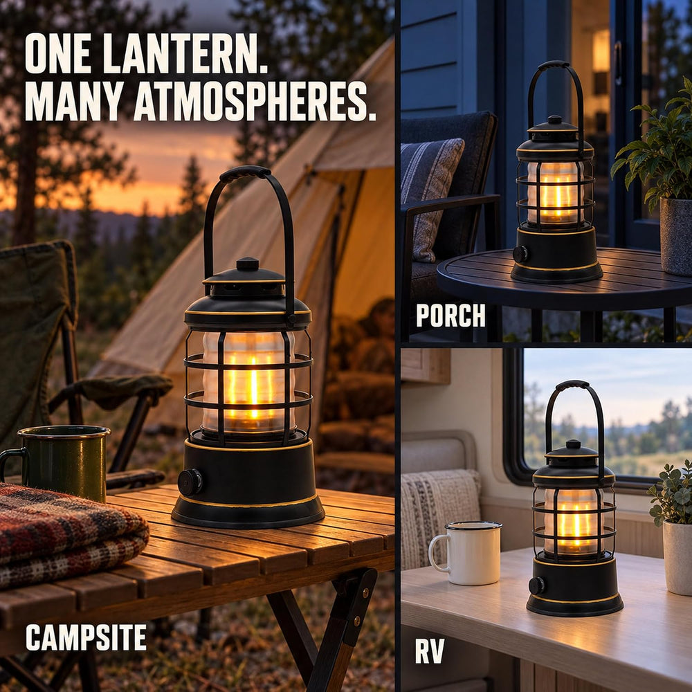Rechargeable Camping Lantern, Vintage LED, Battery Powered, Black