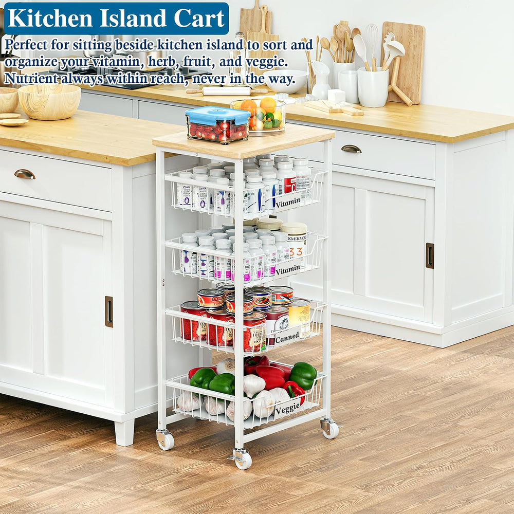 OKZEST 5-Tier Kitchen Storage Cart with 4 Upgraded Drawer Basket & Wood T...