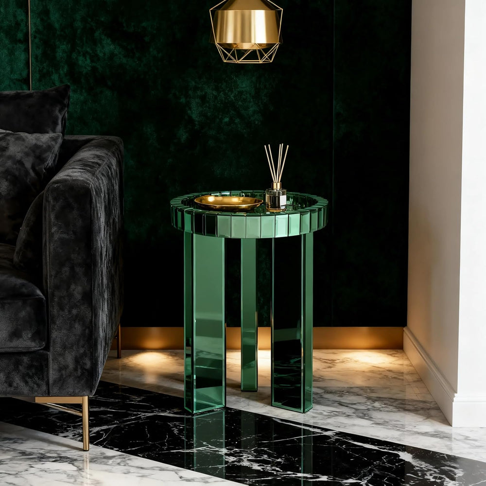 SHYFOY Green Mirrored End Table, 23" H Round Glass Side Table with Three...