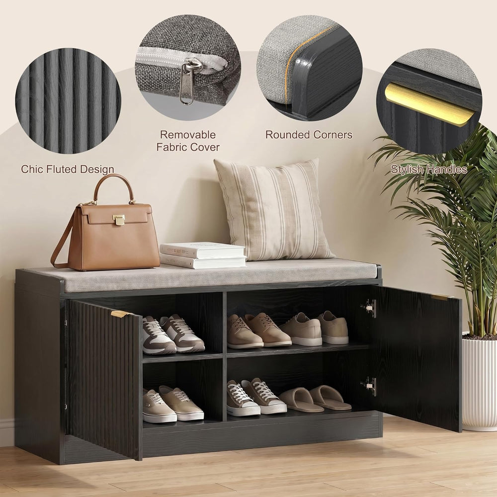 Fluted Shoe Storage Bench with Cushion, 2-Tier Entryway Shoe Bench with Adjus...