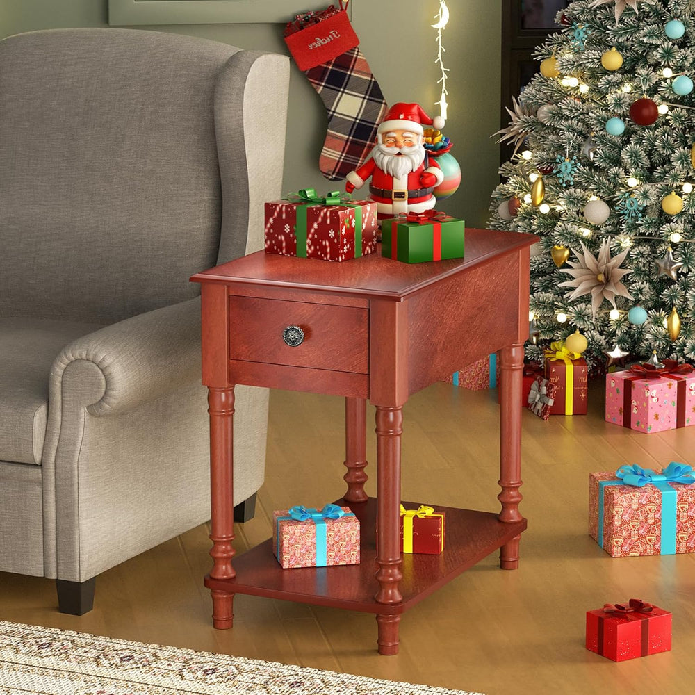 ROOMTEC Solid Wood End Table with Drawer and Shelf, Narrow Side Table Living ...