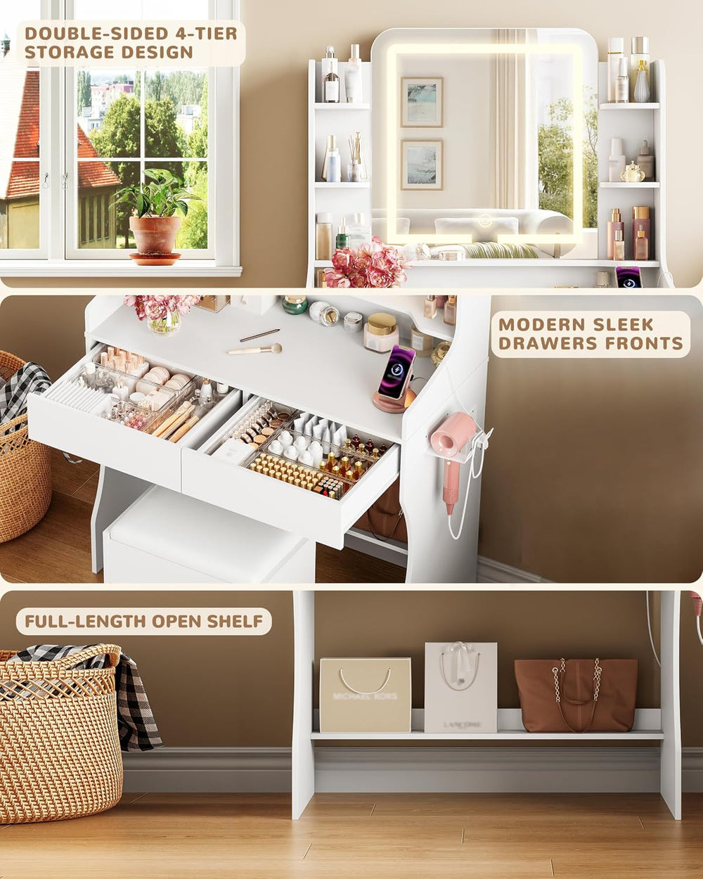 wanan Vanity Desk with Mirror and Lights, Makeup Vanity with 3 Color Adjustab...