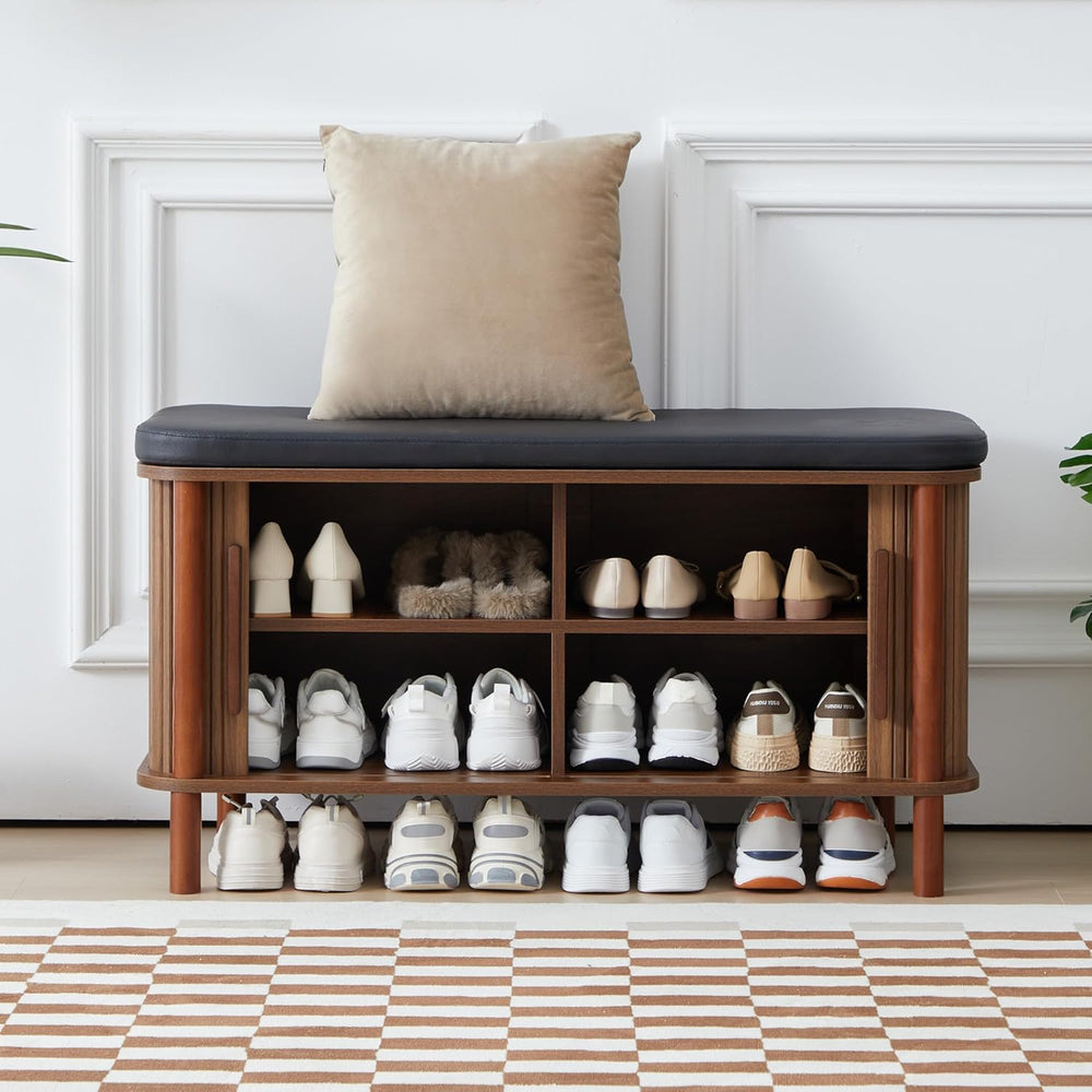 Shoe Bench, Entryway Shoe Cabinet with Leather Cushion and Sliding Door, Mode...