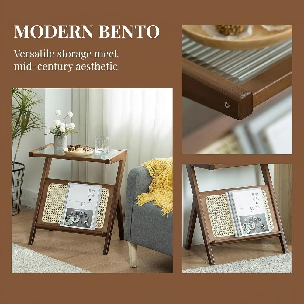 Boho Rattan Side Table, Wooden Accent Table with Magazine Storage Shelf, Mid ...