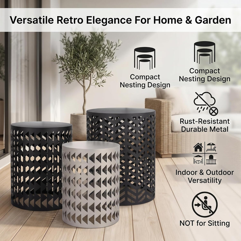 Outdoor Side Table Set of 3 Round Metal Nesting Tables, Patio End Table Black...