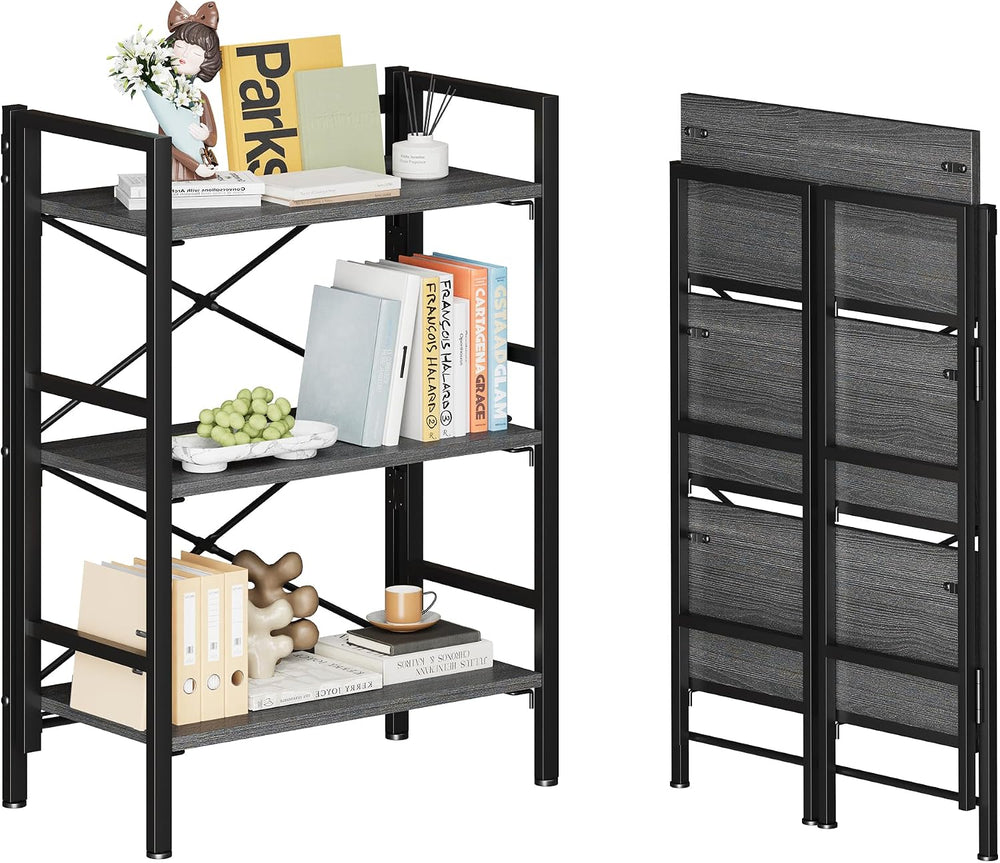 Homeiju Folding Bookshelf No Assembly, 3 Tier Bookcase Foldable Shelf with X-...