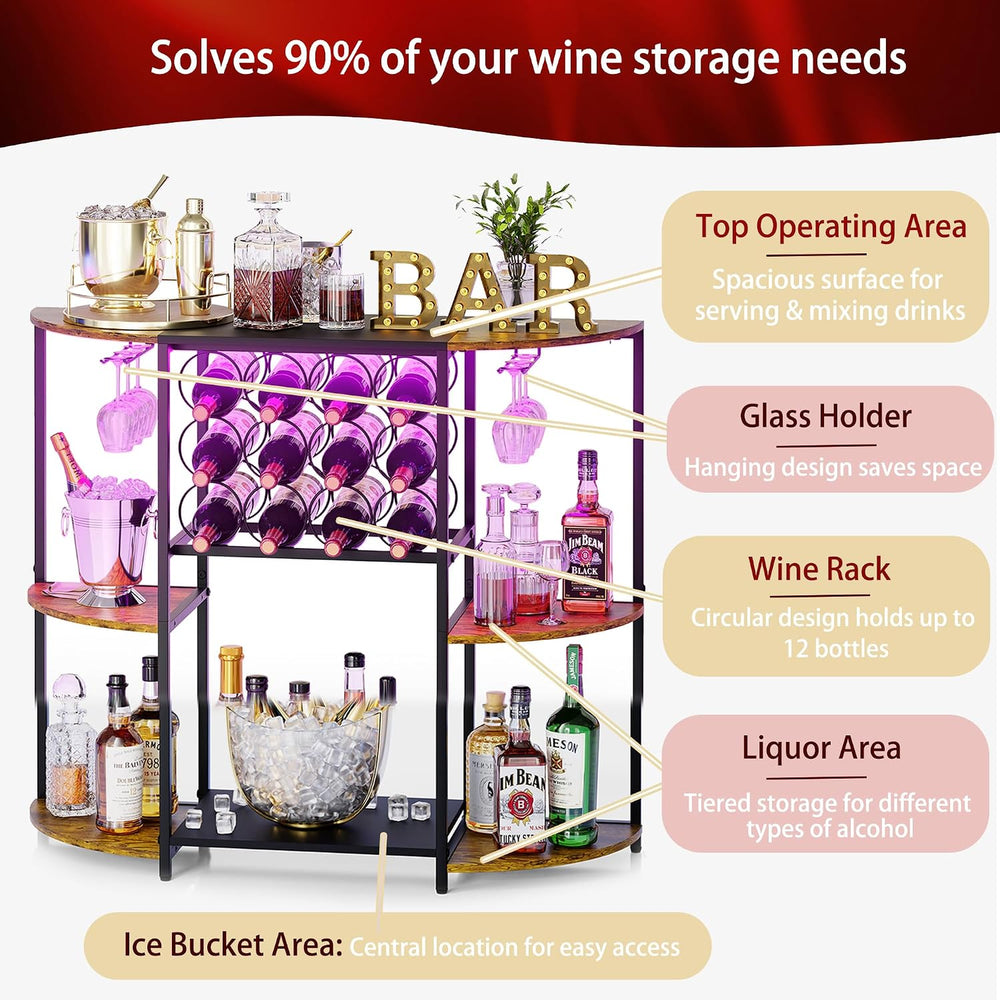 JKsmart Wine Bar Cart with LED Lights, Mini Wine Rack with Storage and Glass ...