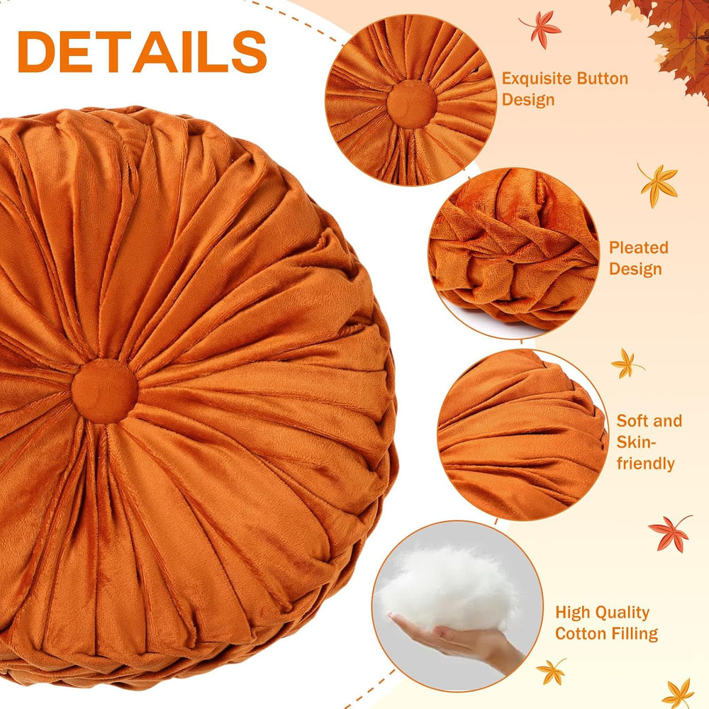 Beeveer 2 Pcs Round Throw Pillows Velvet Pleated Pillows, Orange