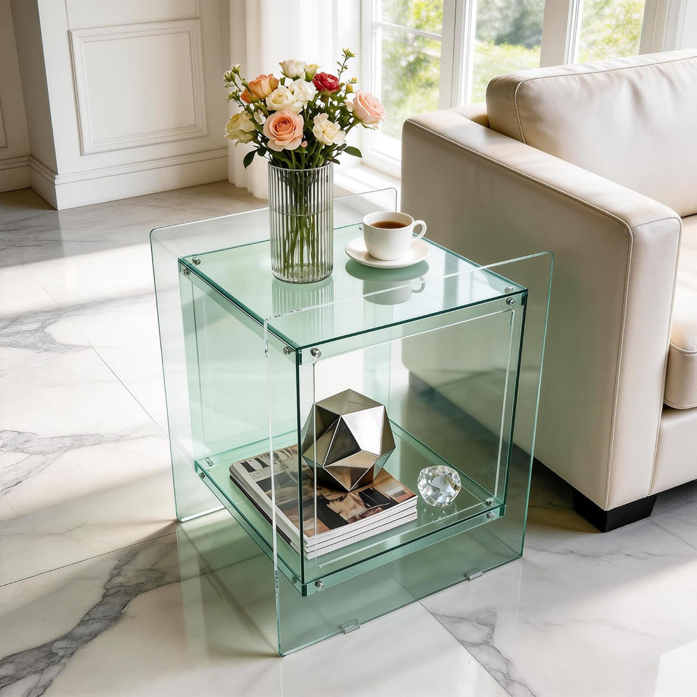 Acrylic End Table Light-Green: 2 Tier Clear Accent Desk Small Nightstand Set
