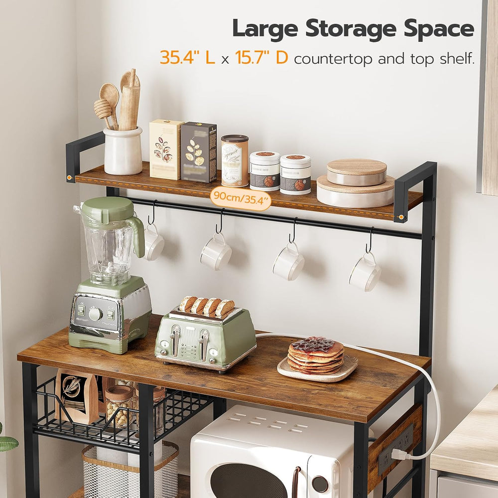 HOOBRO Bakers Rack with Power Outlet, 35.4 Inches Coffee Bar with Mesh Basket...