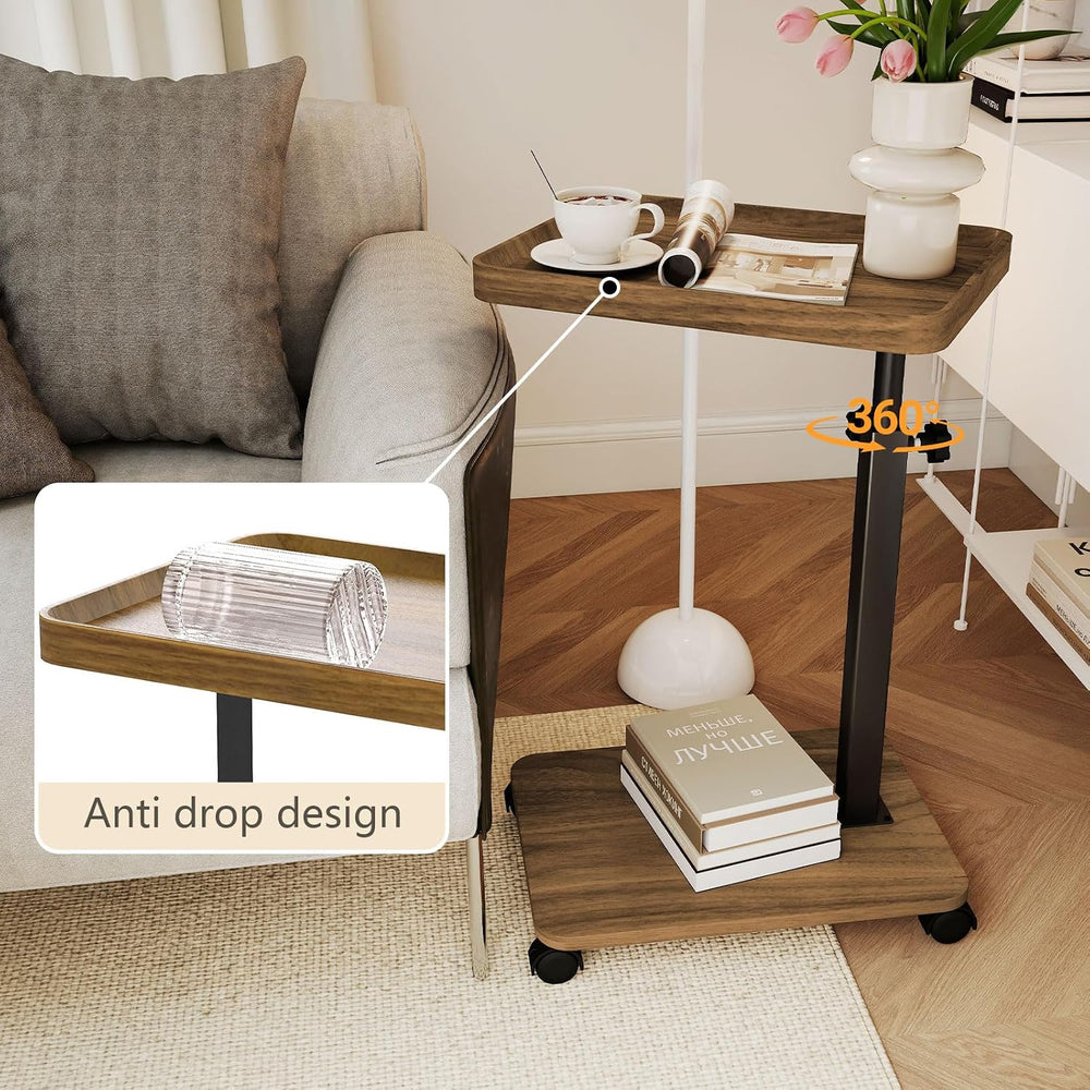 End Table, Adjustable Height Side Table, 360° Rotating MDF Veneer Sofa Side T...
