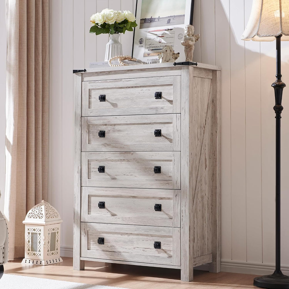 T4TREAM 48" Farmhouse 5-Drawer Dresser for Bedroom, Antique Brush White
