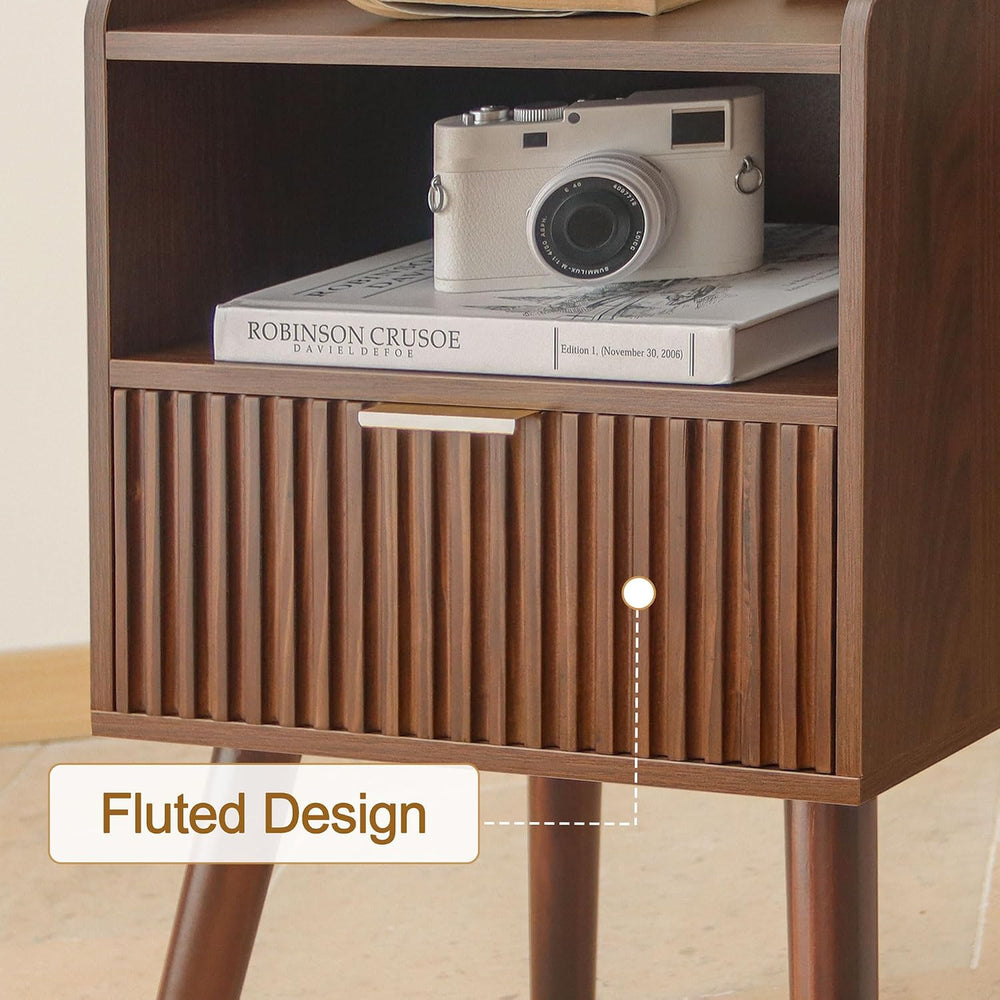 Night Stand, Mid Century Modern Nightstand with Fluted Drawers and Open Shelf...