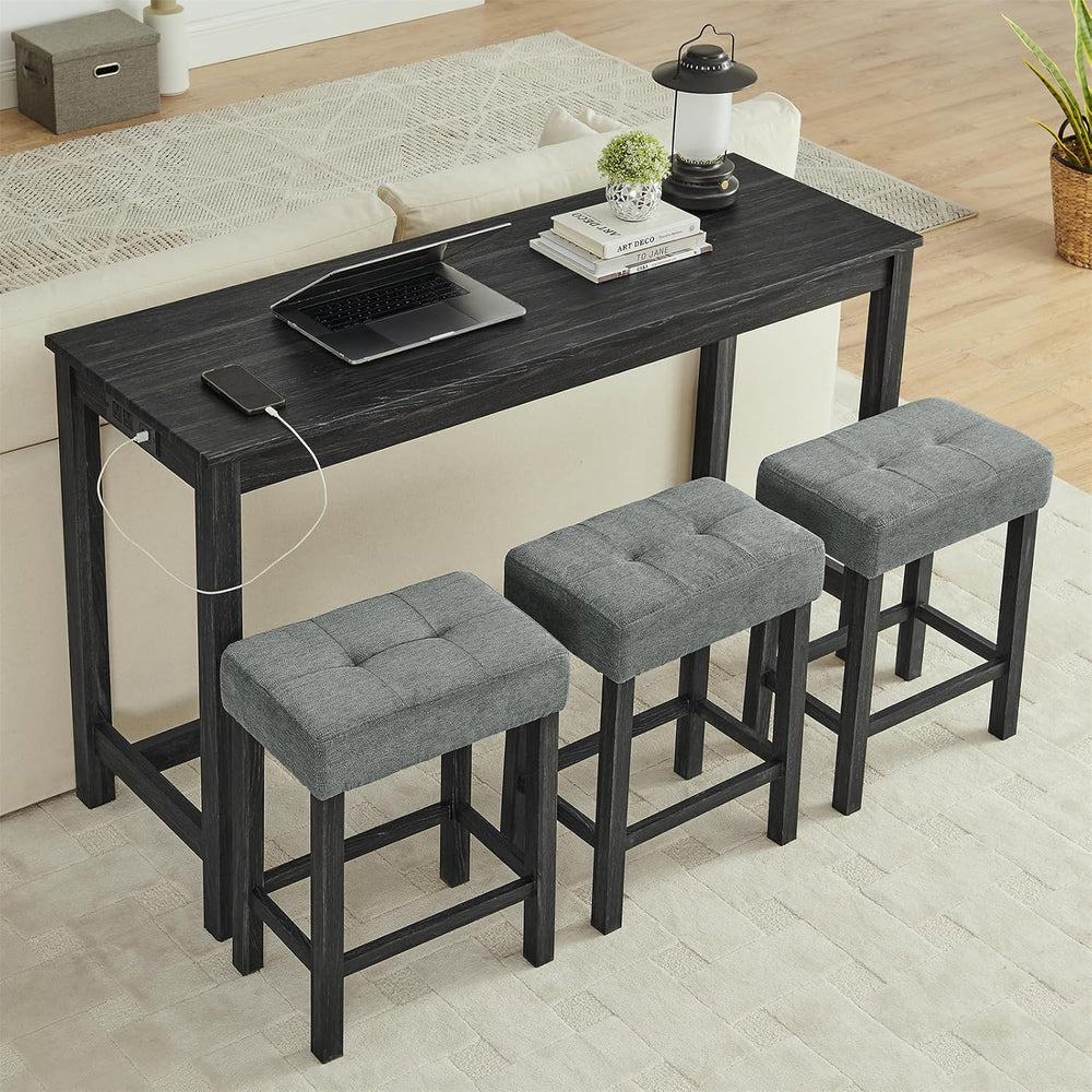 59" Industrial 4 Piece Bar Table Set with Built-in Power Outlet, Behind ...