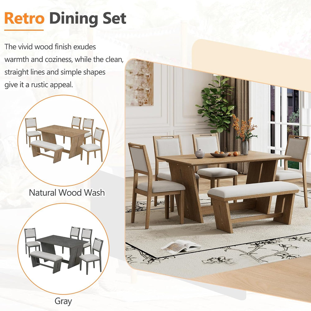 Merax 6-Piece Retro Dining Set, 1 Rectangular Table with Stable Trapezoidal T...