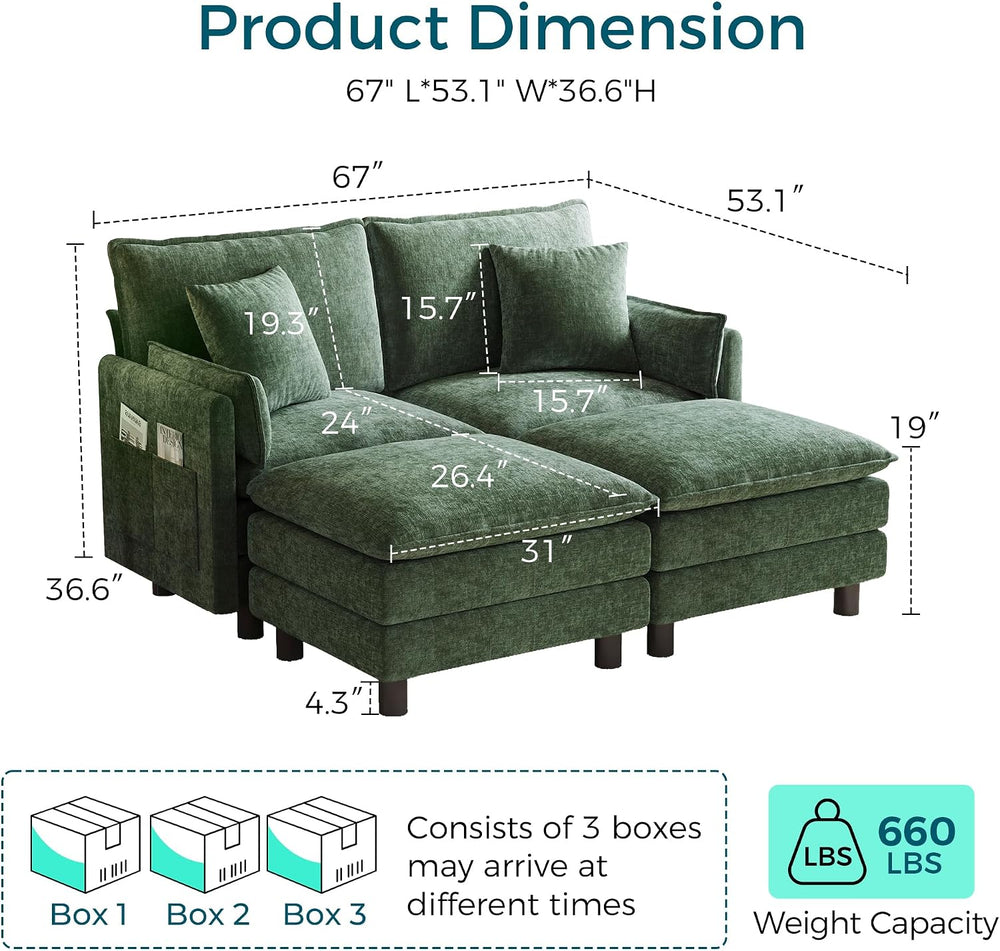 LINSY HOME 65'' Modular Sectional Sofa Love Seat Couch Chenille Cloud...
