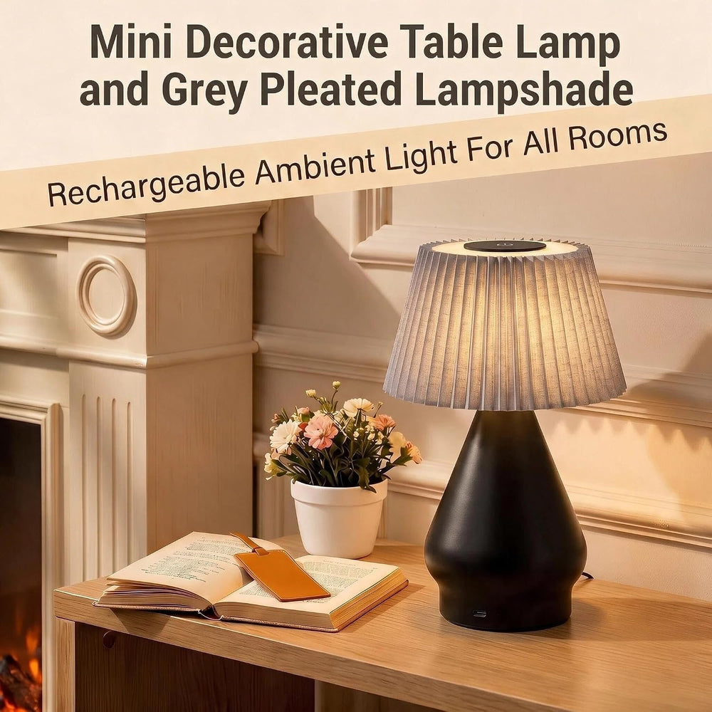 Cordless Rechargeable Small Black Bedside Touch Table Lamp,Pleated Shade