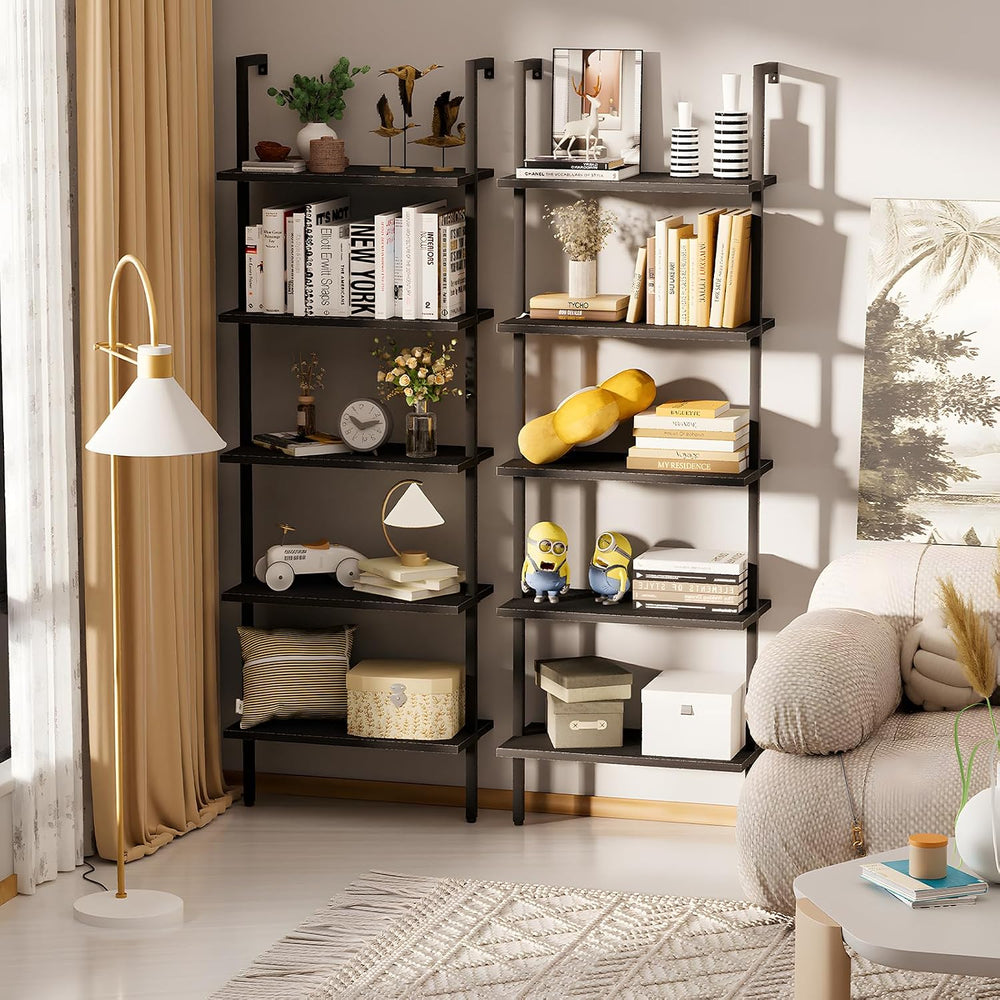 aboxoo Ladder Shelf Open 5-Tier Bookshelf Wall-Mounted Black Wood Bookcase St...