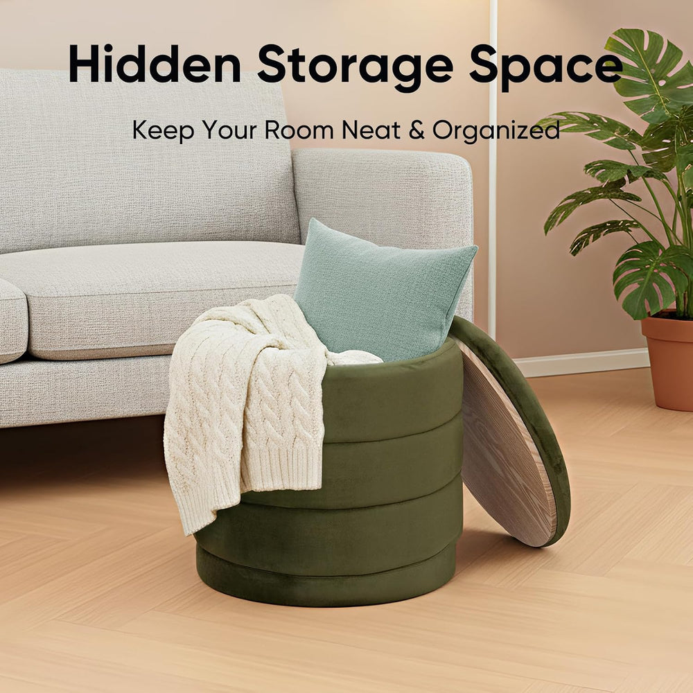 15.4" Round Velvet Storage Ottoman with Reversible Lid, Upholstered Circ...
