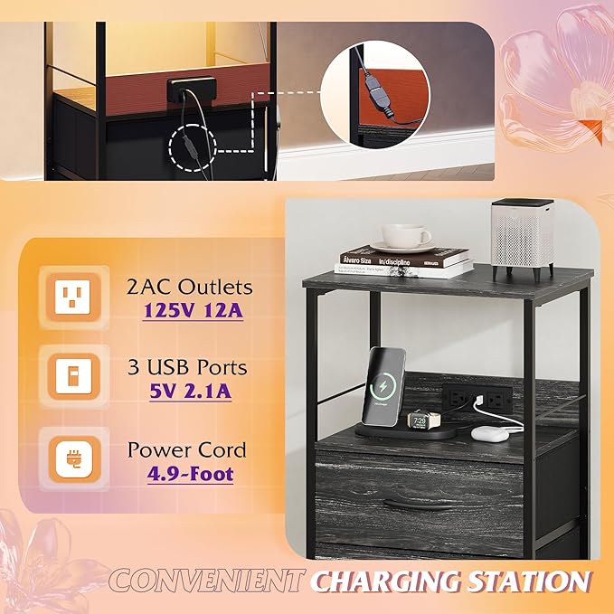 WLIVE Night Stand with Charger Station, LED Nightstand for Bedroom, Small Dre...
