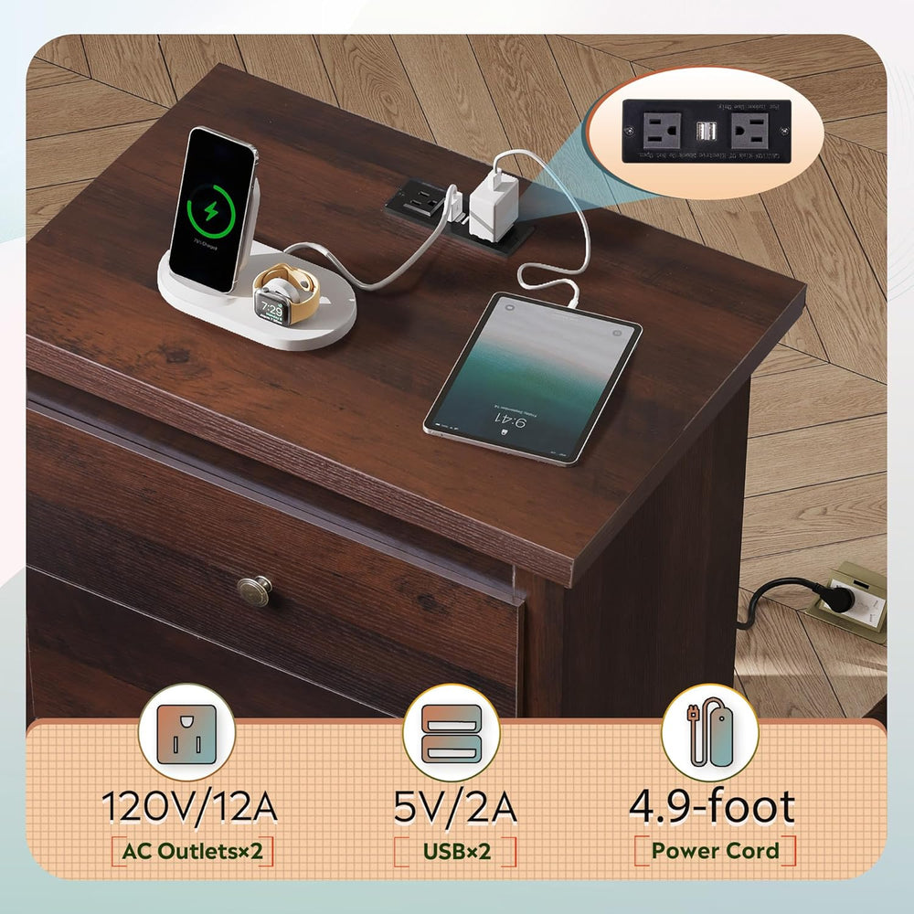 WLIVE Tall Nightstand with Charging Station, Wood Night Stand with 3 Drawers ...