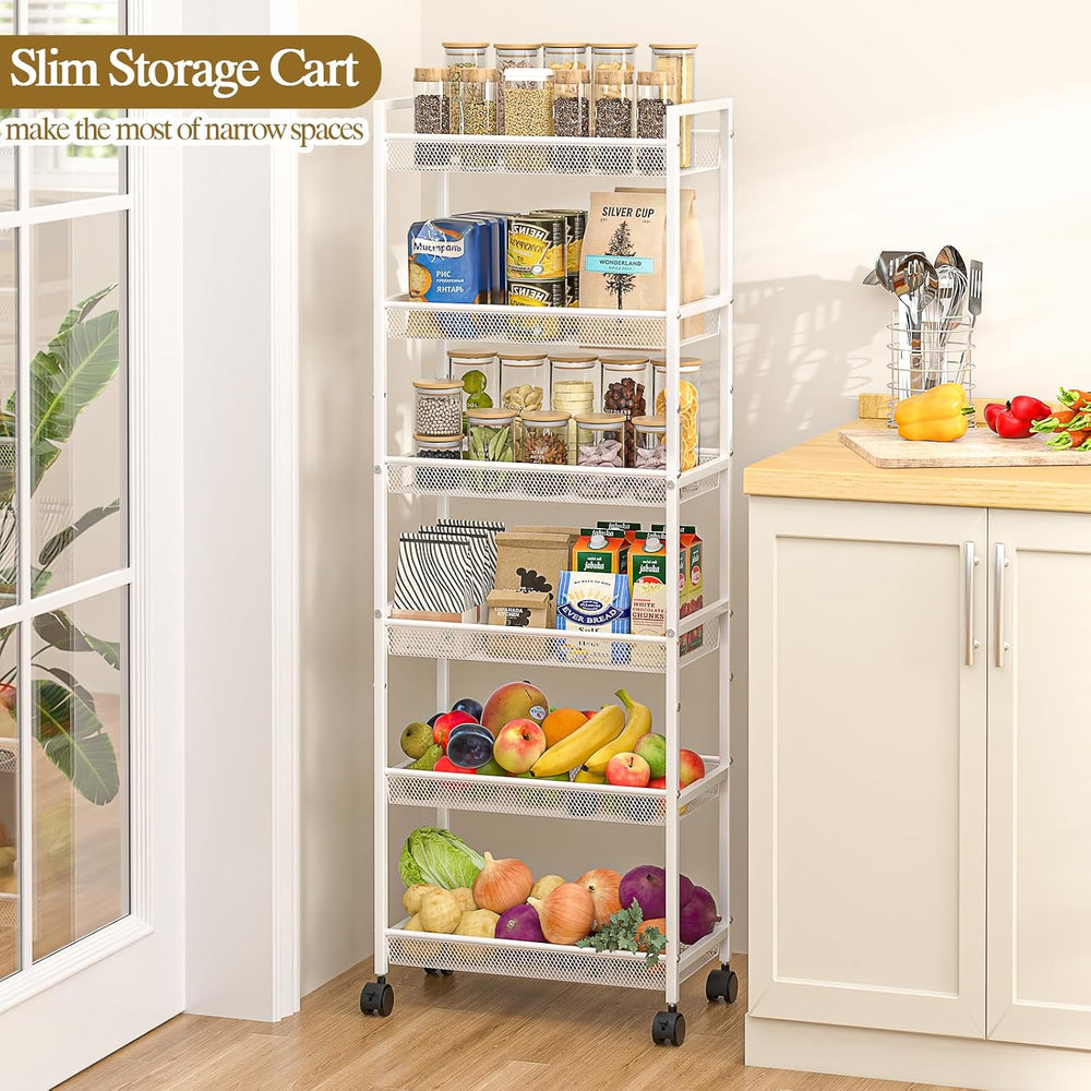 6 Tier Slim Rolling Storage Cart, Narrow Mobile Shelving Unit Organizer Utili...