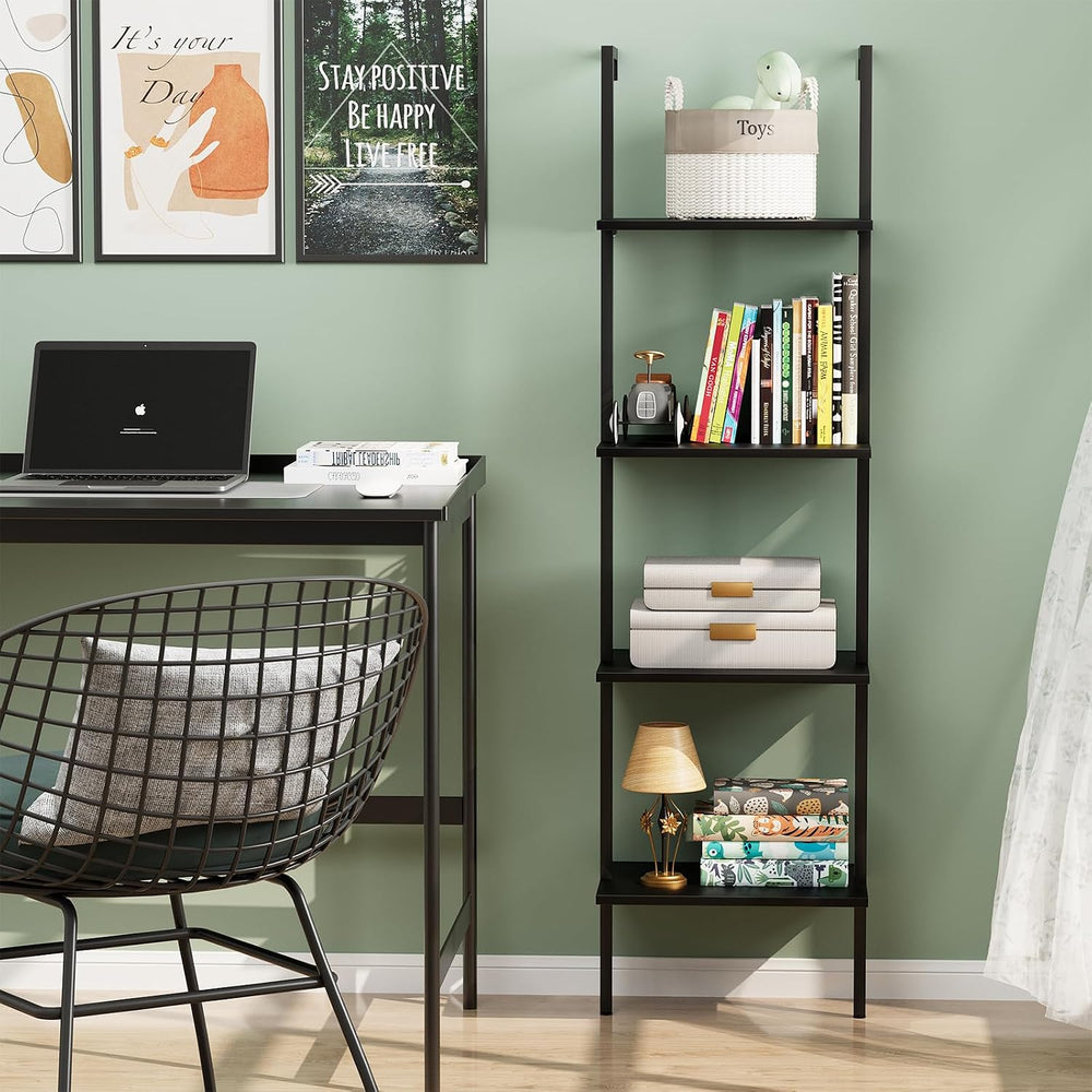 Ladder Shelf 4 Tiers Metal Industrial Bookshelf,Black Wooden Tall Open Storag...