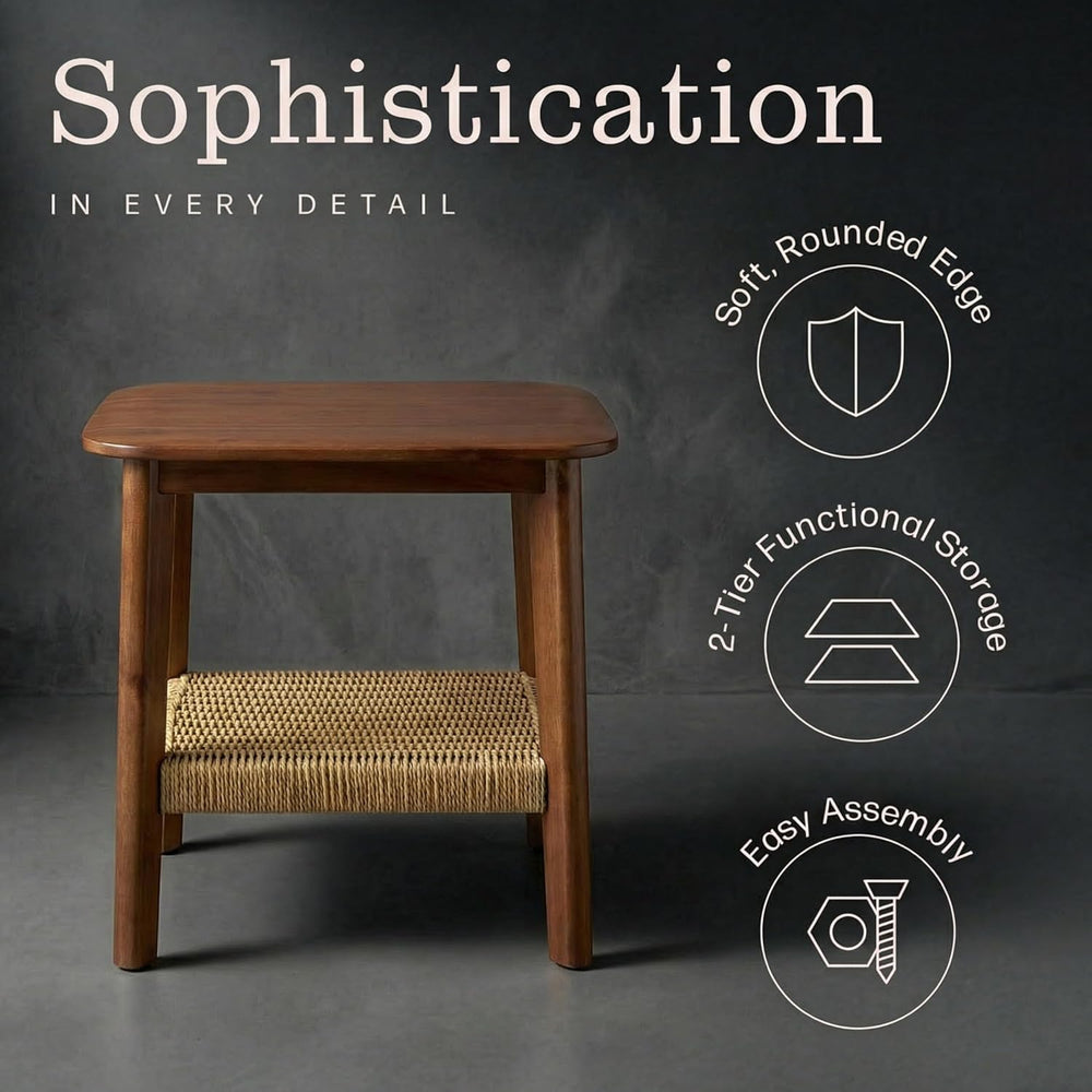 Alaterre Furniture Calais 2-Tier Solid Wood End Table with Woven Storage Shel...