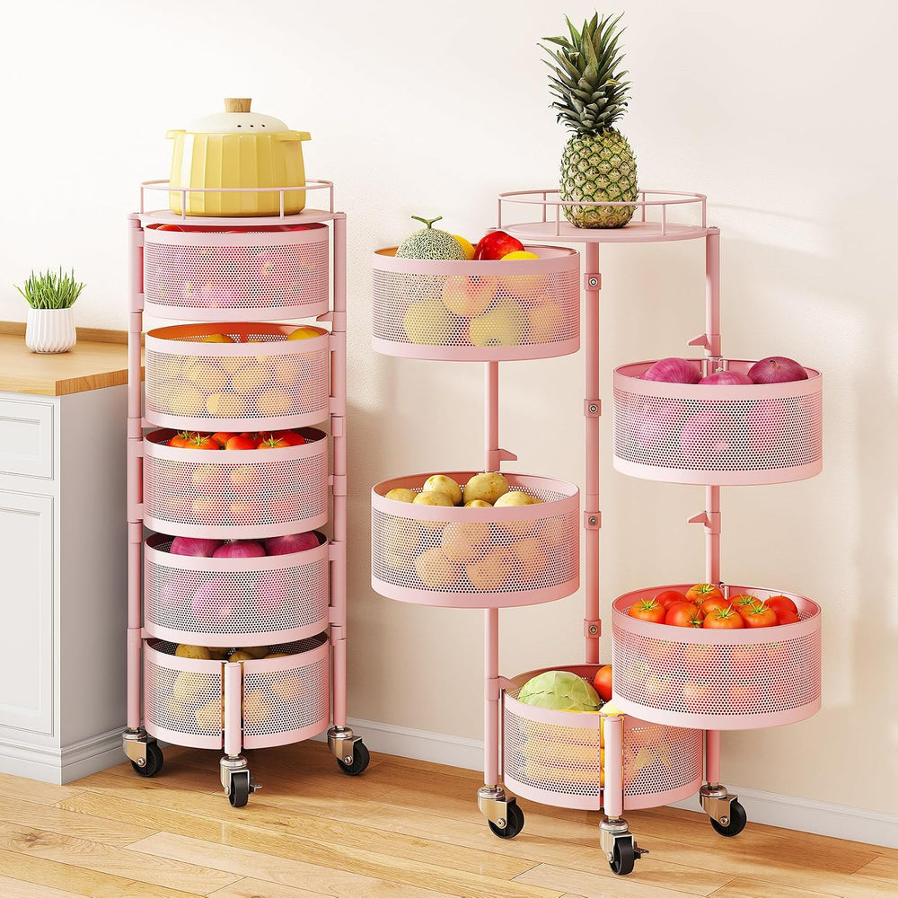 SAYZH 5 Tier Fruit Vegetable Basket Stand for Kitchen, Rotating, Pink | Rolli...