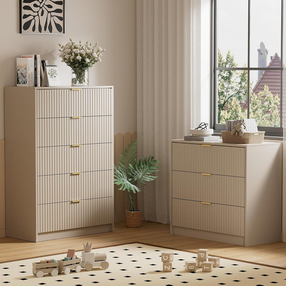 Beige 3 Drawer Modern Fluted Dresser for Bedroom with Gold Handles