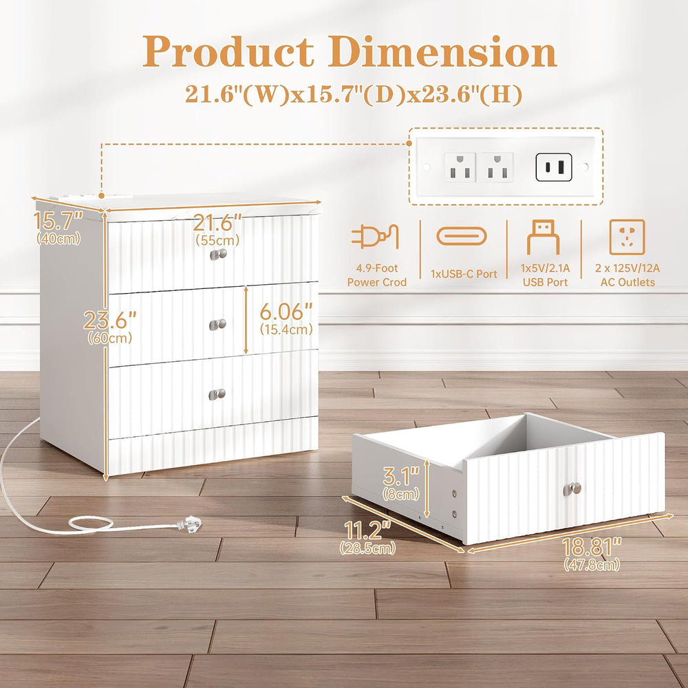 AWQM White Nightstand Set of 2, Night Stand with Charger Station and 3 Drawer...