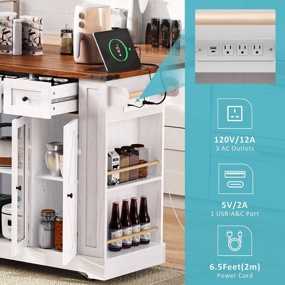 Merax 53'' Farmhouse Kitchen Island with 2 Tempered Glass Cabinet Doo...
