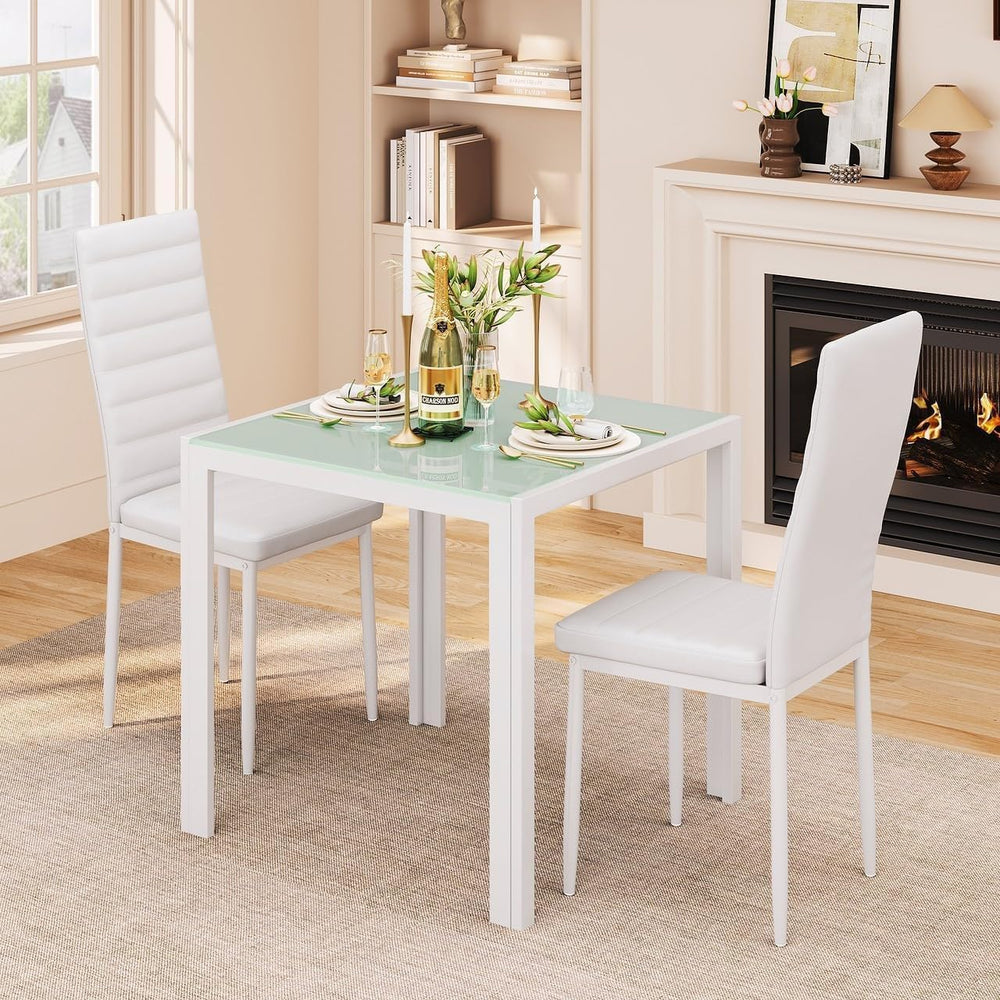Gizoon 3 Piece Glass Dining Table Set, Kitchen Table and Chairs Set for 2 | P...