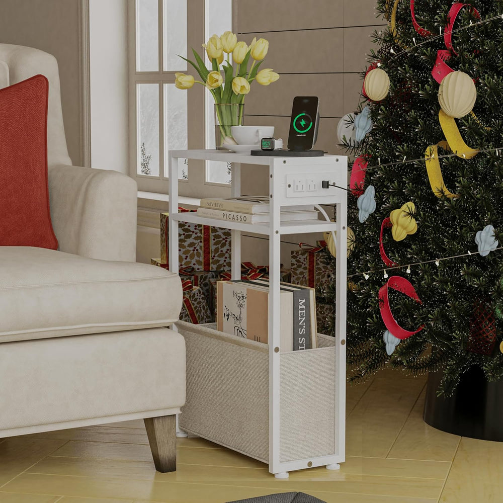 Leomonio White Side Table with Charging Station, Slim End Tables with Linen B...