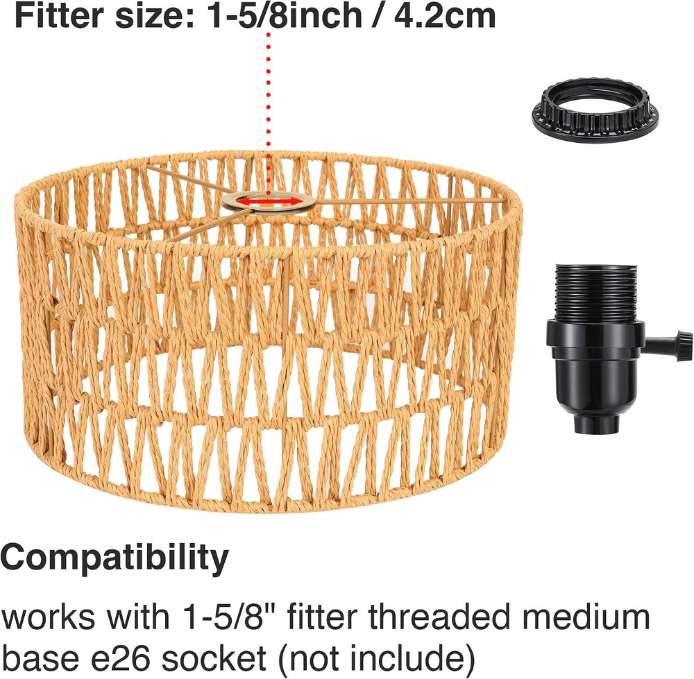 Natural Handwoven Rattan Boho Wicker Lamp Shade Replacement, 1-5/8" Fitter