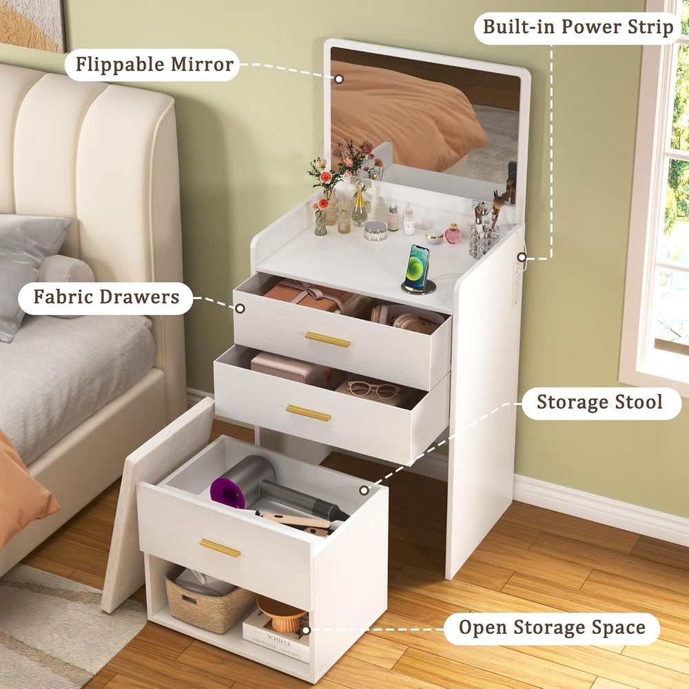 HUAHUU 3 in 1 Vanity Desk with Flip-up Mirror, Compact Vanity with 2 Fabric D...