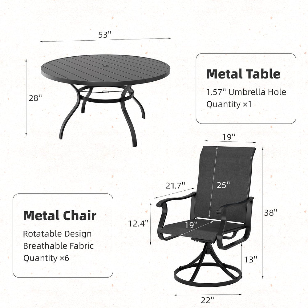 7-Piece Outdoor Patio Dining Set, All Weather Round Metal Table & 6 Black...