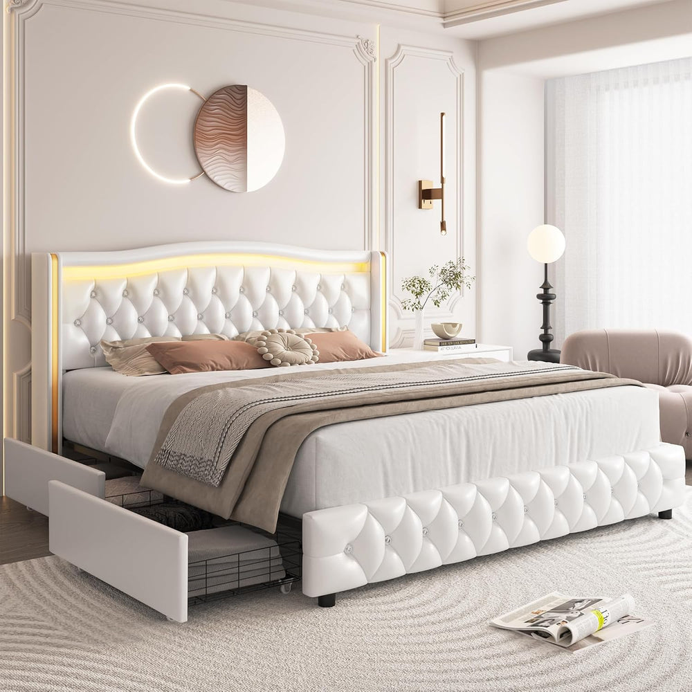 Upholstered Queen Size Bed Frame with LED Light & Storage, White PU Leather