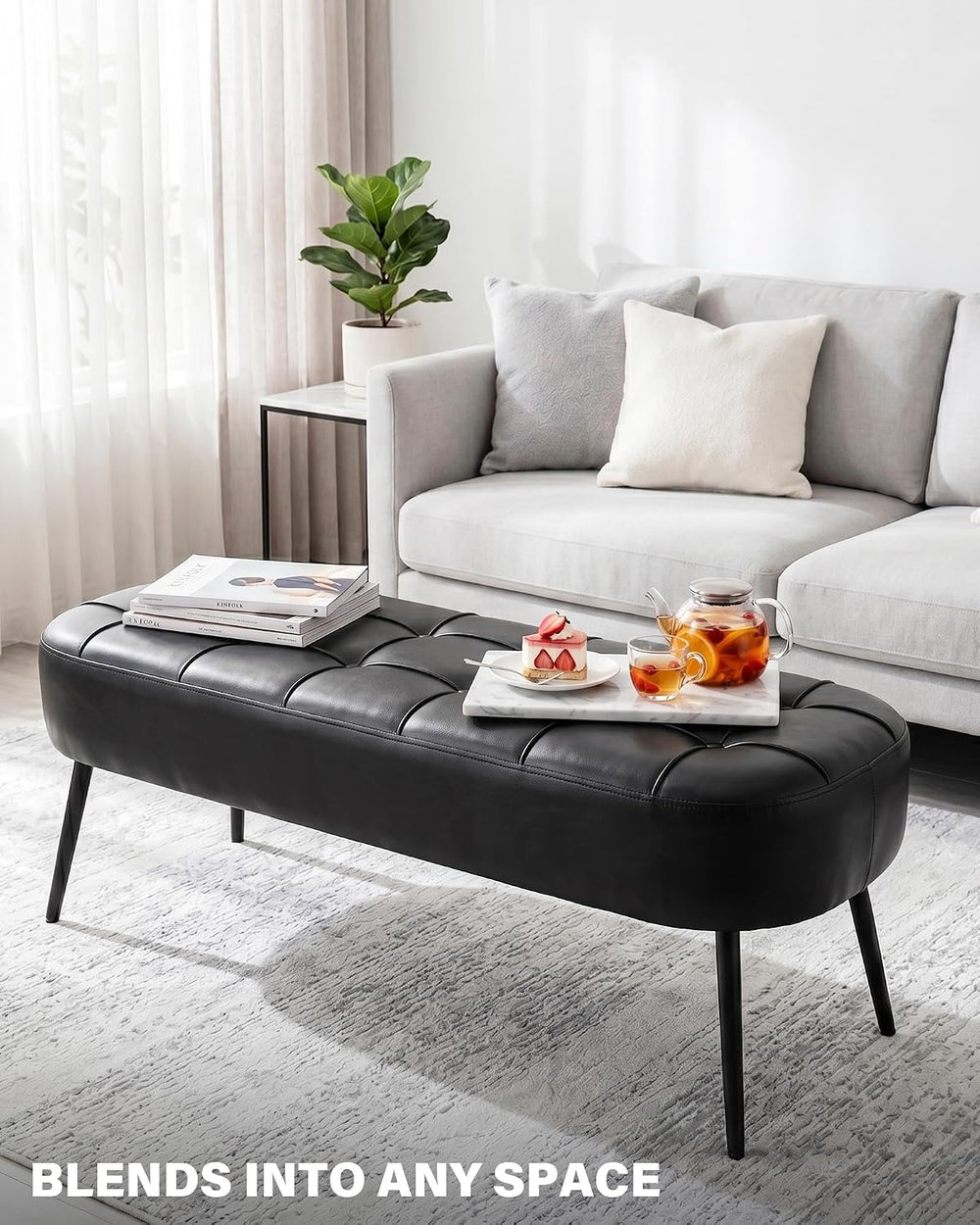 Entryway Bench, Modern PU Leather Upholstered End of Bed Bench Black | 43.7&q...