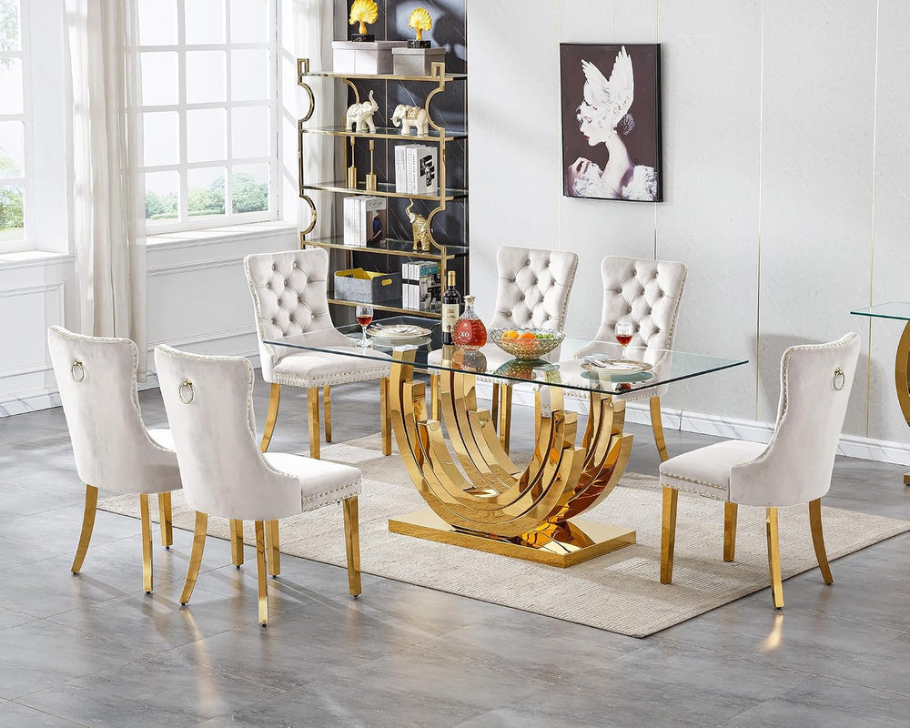 70 inch Tempered Glass Dining Table, Rectangular Glass Kitchen Table with Gol...