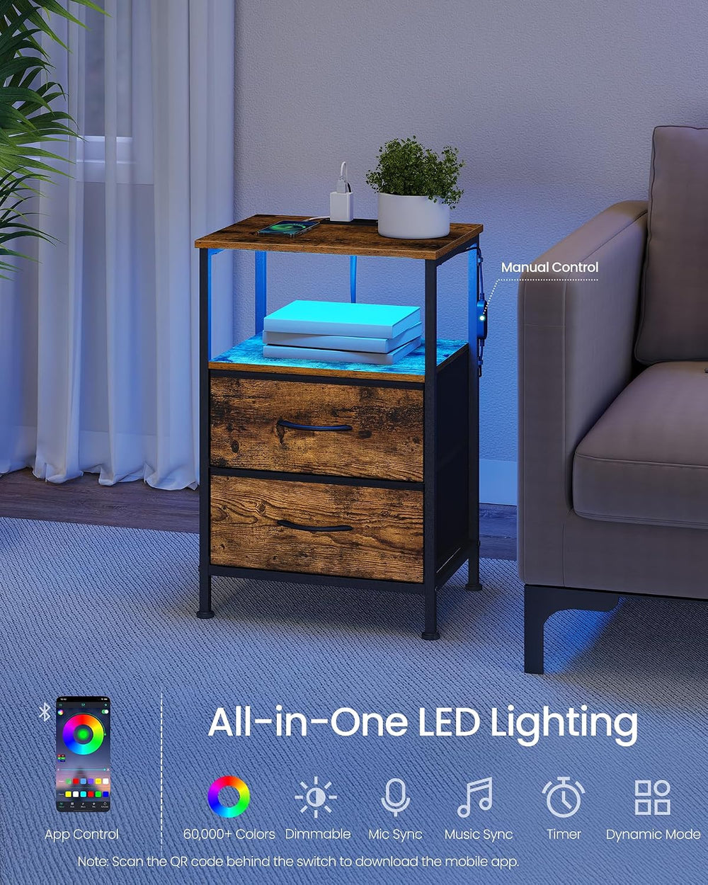 SONGMICS LED Nightstand with Charging Station, 2 Fabric Drawers, Brown