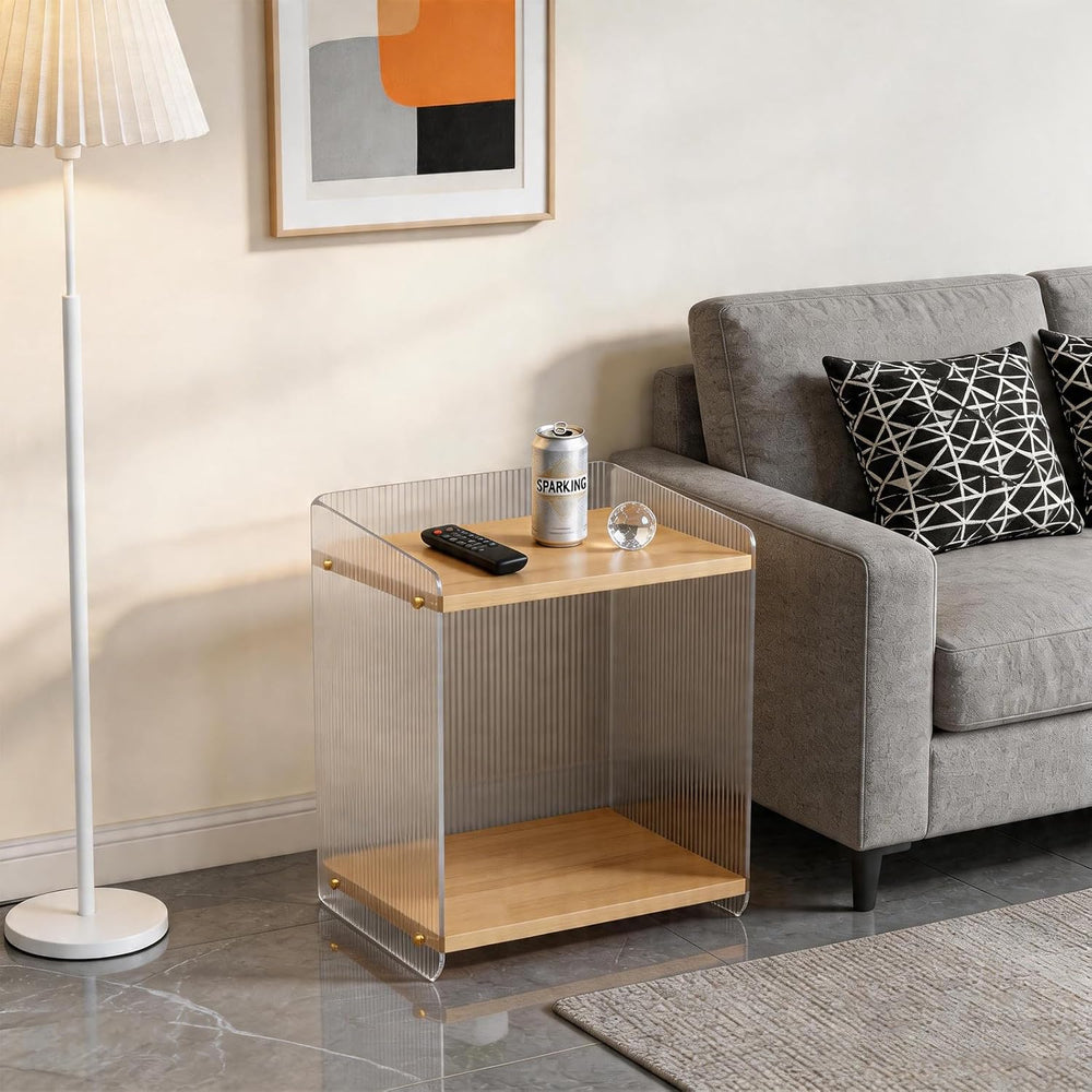 Acrylic and Wood End Table with 2-Tier Storage, Side Table for Couch Dinner C...