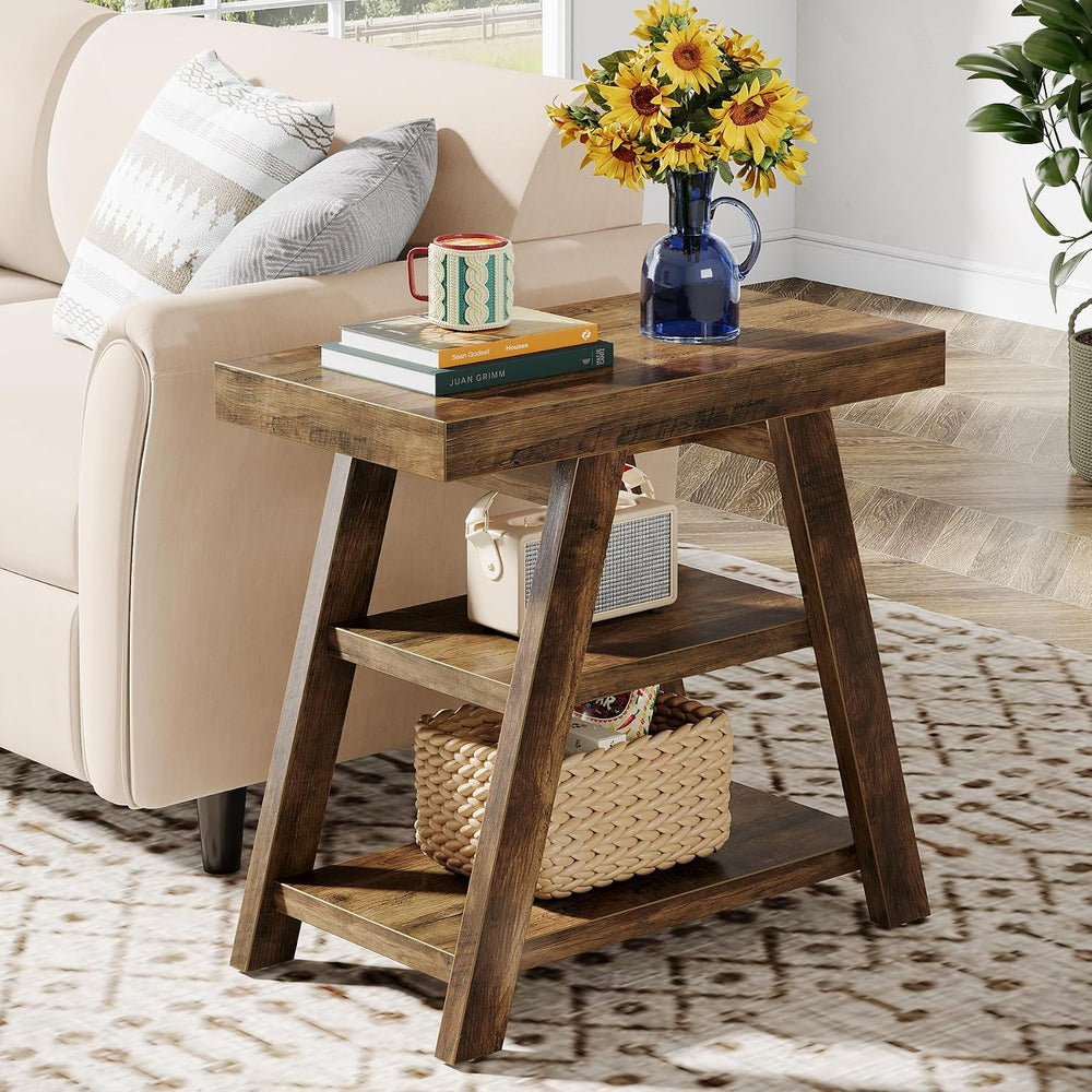 Tribesigns Farmhouse End Table, 3-Tier Wooden Sofa Side Table with Trapezoid ...