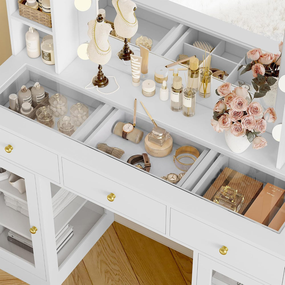 Wodeer Makeup Vanity Desk with Mirror and Lights, White Vanity with Glass Top...