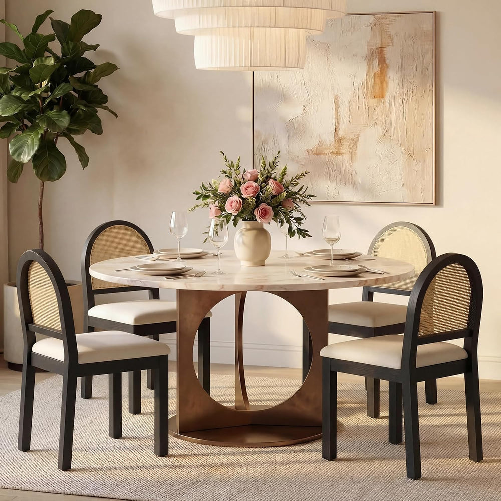 Upholstered Rattan Dining Chairs Set of 4, Farmhouse Wooden Kitchen Chairs