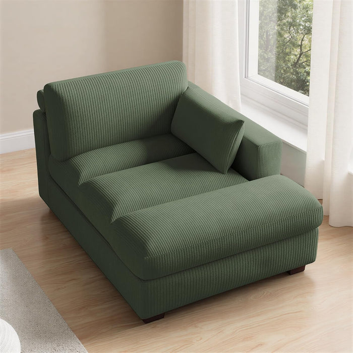 Oversized Corduroy Chaise Lounge Chair with Left Armrest & Cushion, Comfy Upholstered Sleeper Sofa Indoor Recliner Seat Solid Wood Couch w/Washable Cover for Bedroom, Living Room - Green