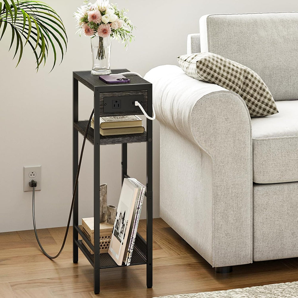 HOOBRO Small Narrow Side Table with Charging Station, Skinny End Table for Sm...