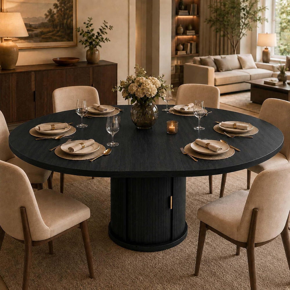 47-63" Extendable Round Dining Table with Storage for 4-6 Person, Fluted...