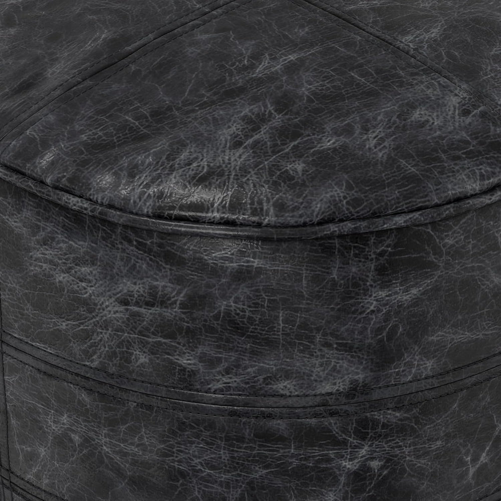 SIMPLIHOME Connor 18" Wide Round Pouf in Distressed Black Genuine Leather